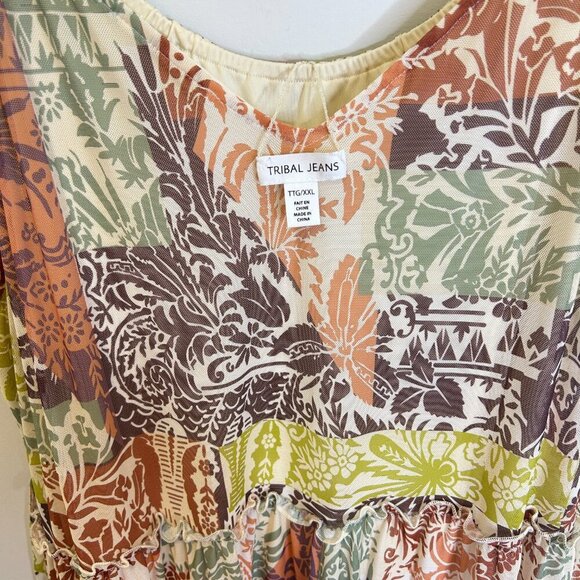 Tribal Floral Tiered Spaghetti Strap Colorful Maxi Dress Sz XXL‎ Stretchy Lined - Picture 5 of 6